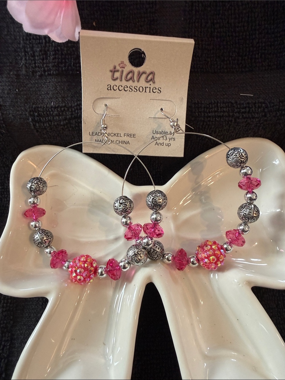 Tiara Hot Pink Crystal and Silver Bead Hoop Earrings